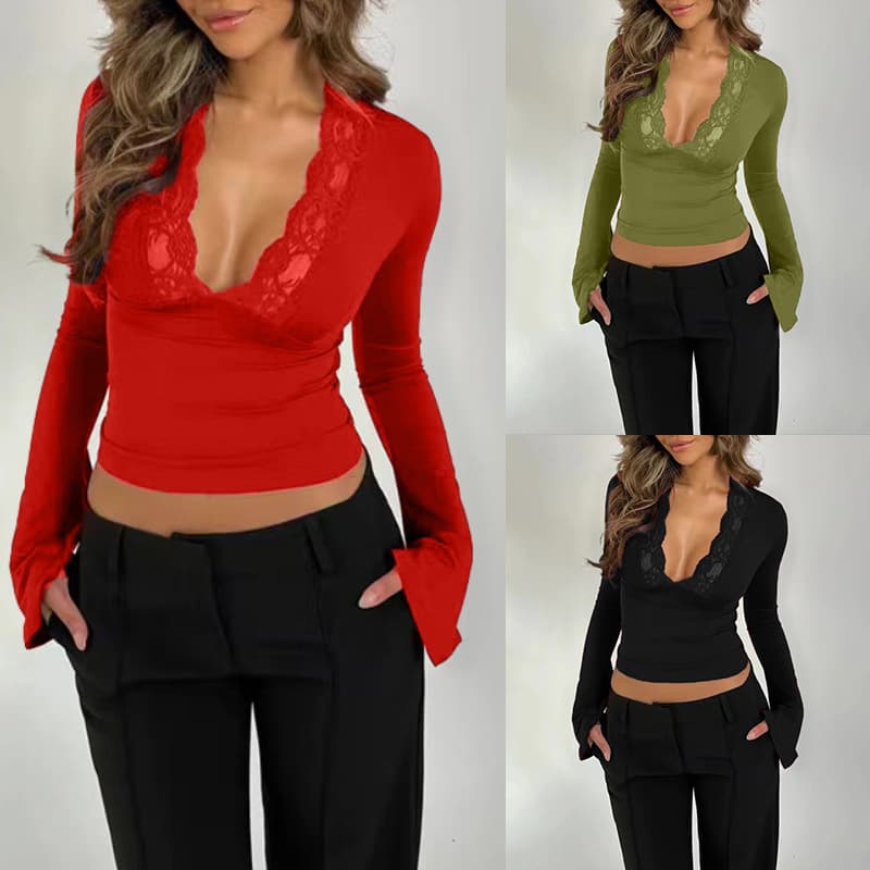 Summer New Product Sweet And Spicy Style Pure Color Lace Splicing Slim Fit Low-Neck Exposed Chest Slightly Flared Long-Sleeved Top