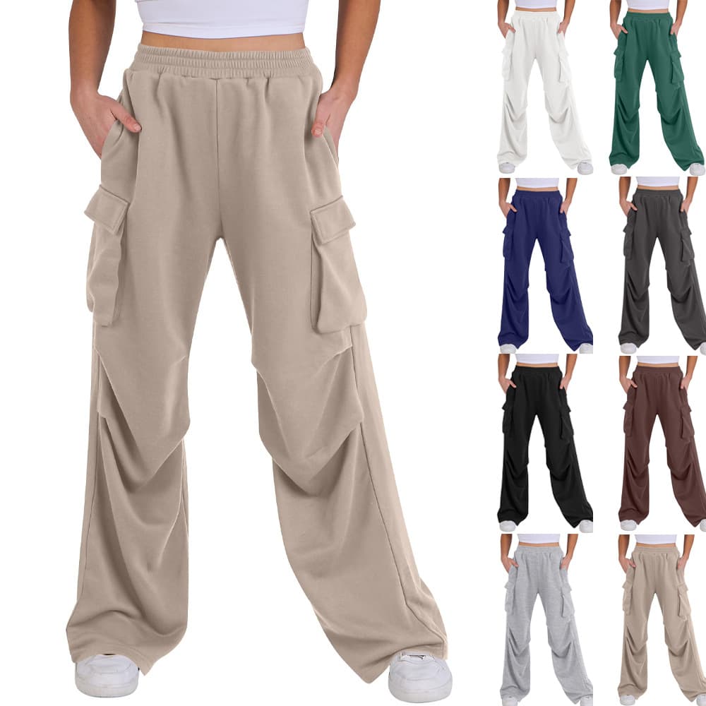 Cross-border European And American Women's 2024 Autumn And Winter Rubber Waist Overalls High Street Loose Straight Leg Wide Leg Sports Casual Pants