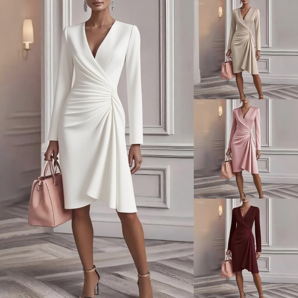 European And American Cross-Border Amazon New Autum Fashion Cross V Neck Waist Pure Color Long-Sleeved Dress For Women