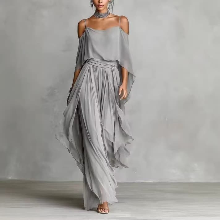New European And American Cross-border Gray Chiffon Off-shoulder Camisole Wide-leg Pants Set For Women Fashion Irregular Independent Site