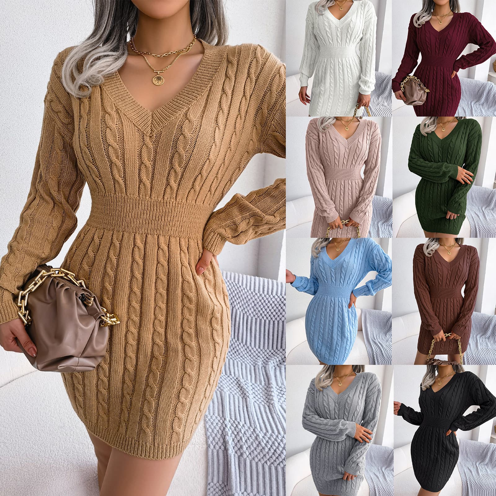 Autumn And Winter 2026 European And American Women's Fashion Waist Fried Dough Twists Wrap Hip Sweater Dress