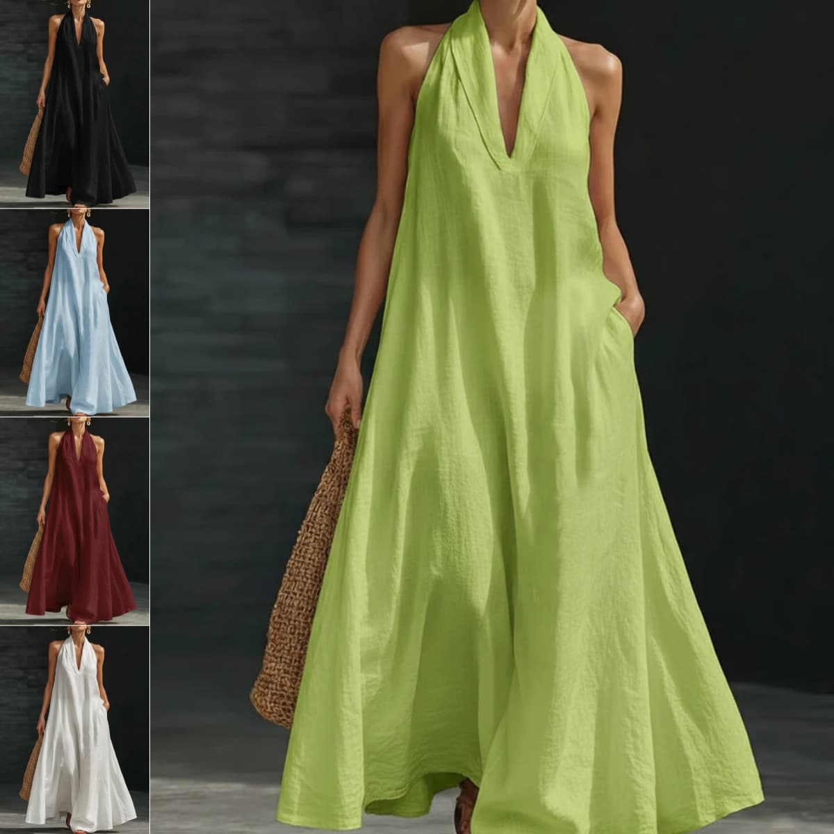 Casual V-neck Dress Halter Style Long Dress For Women's Casual Solid Color A-line Dress For Daily Wear